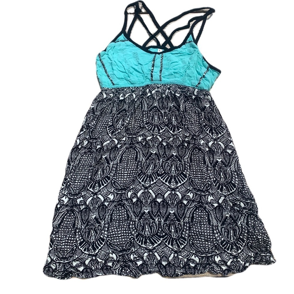 Gentle Fawn Boho Strappy Dress Black White Patterned Skirt Teal Top Size M